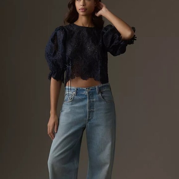 Anthropologie Tops - ANTHROPOLOGIE: NWOT NAVY EYELET LACE CROPPED TOP